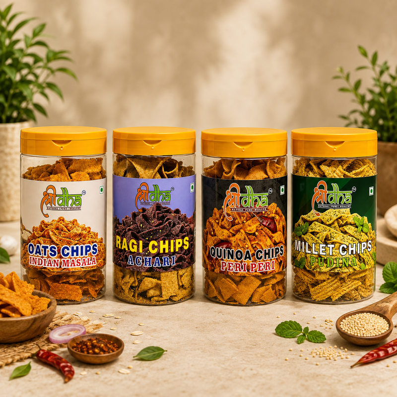 HEALTHY CHIPS COMBO PACK OF 4 (150 GM EACH) OATS CHIPS INDIAN MASALA, RAGI CHIPS ACHARI, MILLET CHIPS PUDINA & QUINOA CHIPS PERI PERI GLUTEN FREE | HIGH PROTEIN | NO PALM OIL | HEALTHY SNACKS | 100% NATURAL