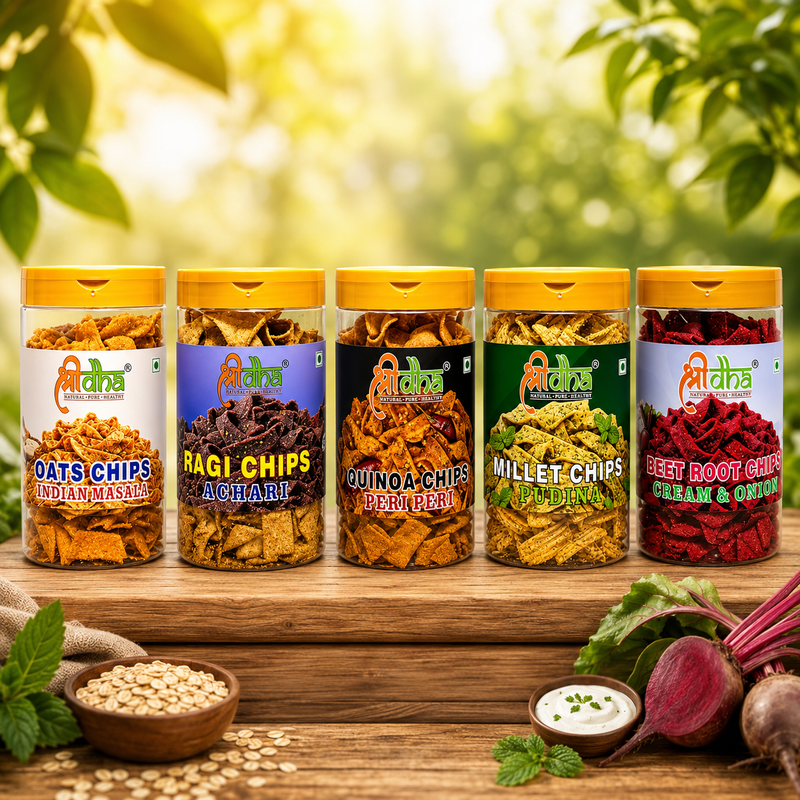 HEALTHY CHIPS COMBO PACK OF 5 (150 GM EACH) OATS CHIPS INDIAN MASALA, RAGI CHIPS ACHARI, MILLET CHIPS PUDINA, BEET ROOT CHIPS & QUINOA CHIPS PERI PERI GLUTEN FREE | HIGH PROTEIN | NO PALM OIL | HEALTHY SNACKS | 100% NATURAL