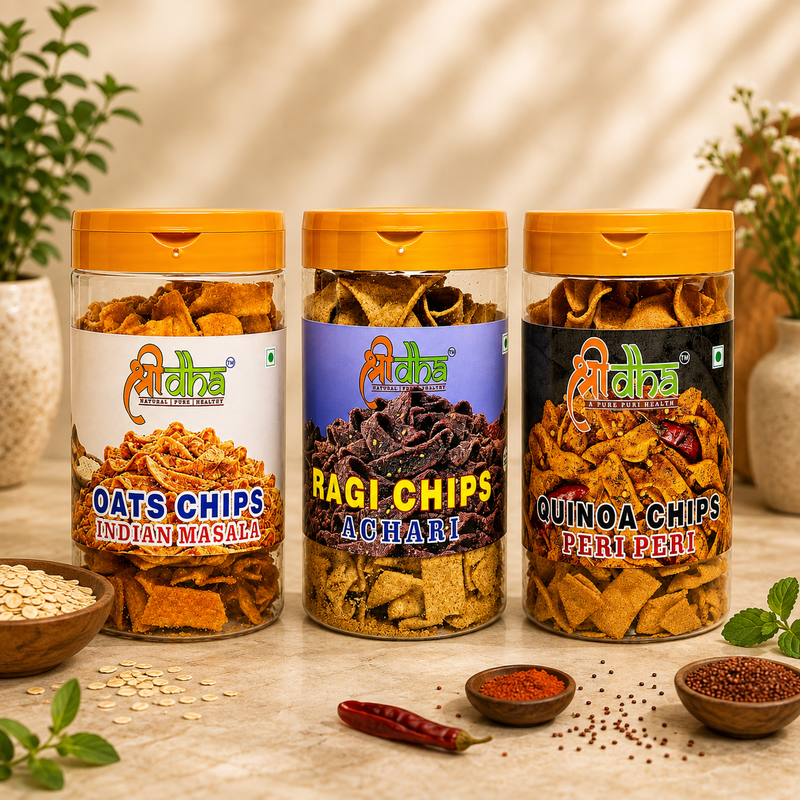 HEALTHY CHIPS COMBO PACK OF 3 (150 GM EACH) OATS CHIPS INDIAN MASALA, RAGI CHIPS ACHARI & QUINOA CHIPS PERI PERI GLUTEN FREE | HIGH PROTEIN | NO PALM OIL | HEALTHY SNACKS | 100% NATURAL