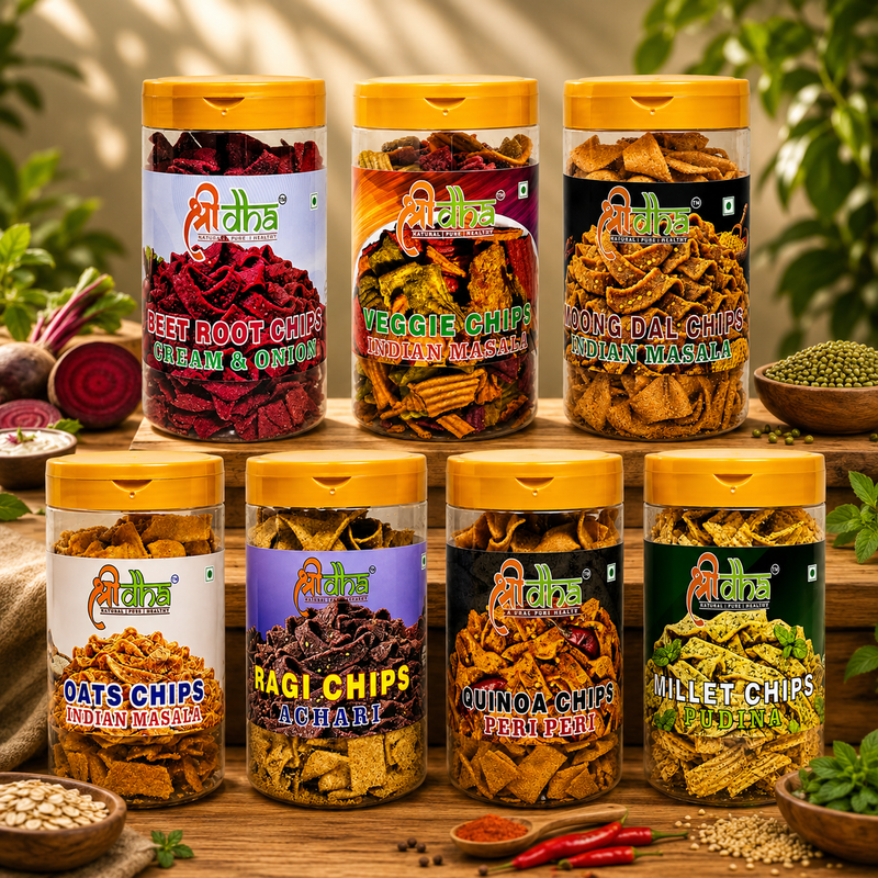 HEALTHY CHIPS COMBO PACK OF 7 (150 GM EACH) OATS CHIPS INDIAN MASALA, RAGI CHIPS ACHARI, MILLET CHIPS PUDINA, BEET ROOT CHIPS, VEGGIE CHIPS INDIAN MASALA, MOONG DAL CHIPS INDIAN MASALA & QUINOA CHIPS PERI PERI |HIGH PROTEIN ||100% NATURAL