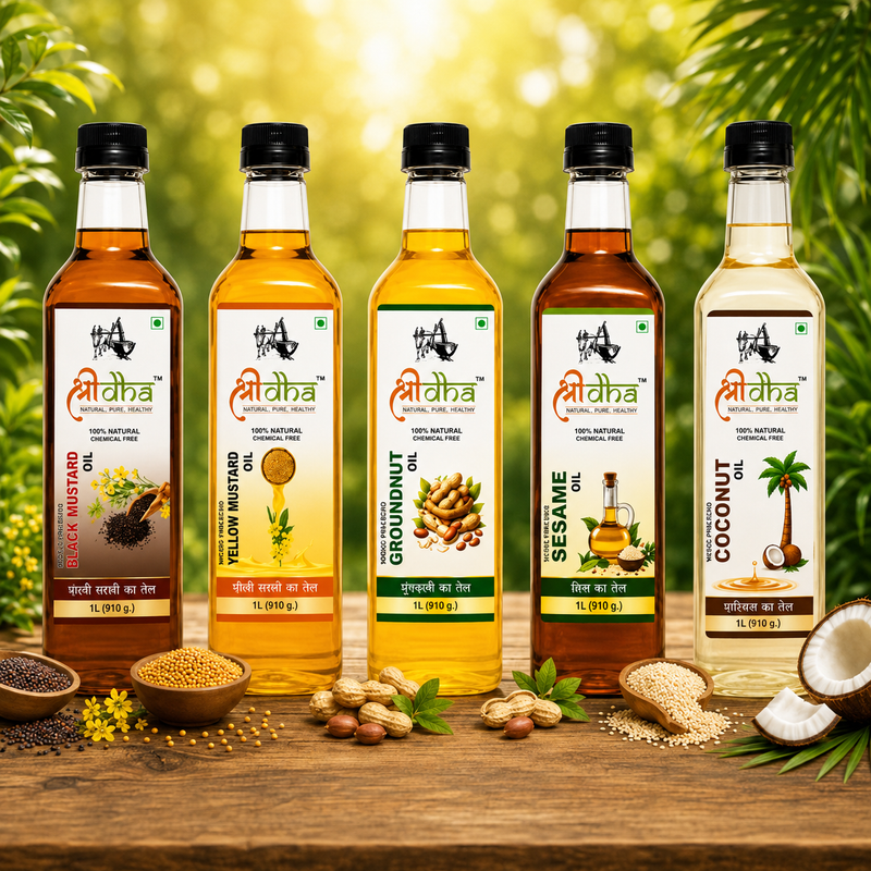 WOOD PRESSED OILS COMBO (AS LIKE VIRGIN OIL) ANCIENT KOHLU/KACHI GHANI METHOD PACK OF 5 (1 LTR EACH) COCONUT, BLACK MUSTARD, SEASME, YELLOW MUSTARD & GROUNDNUT