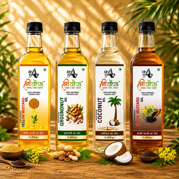 WOOD PRESSED OILS COMBO (AS LIKE VIRGIN OIL) ANCIENT KOHLU/KACHI GHANI METHOD PACK OF 4 (1 LTR EACH) YELLOW MUSTARD, GROUNDNUT, COCONUT & BLACK MUSTARD