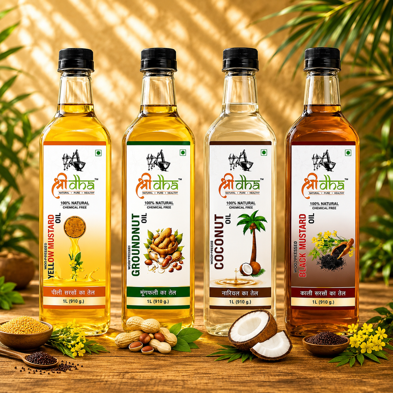 WOOD PRESSED OILS COMBO (AS LIKE VIRGIN OIL) ANCIENT KOHLU/KACHI GHANI METHOD PACK OF 4 (1 LTR EACH) YELLOW MUSTARD, GROUNDNUT, COCONUT & BLACK MUSTARD