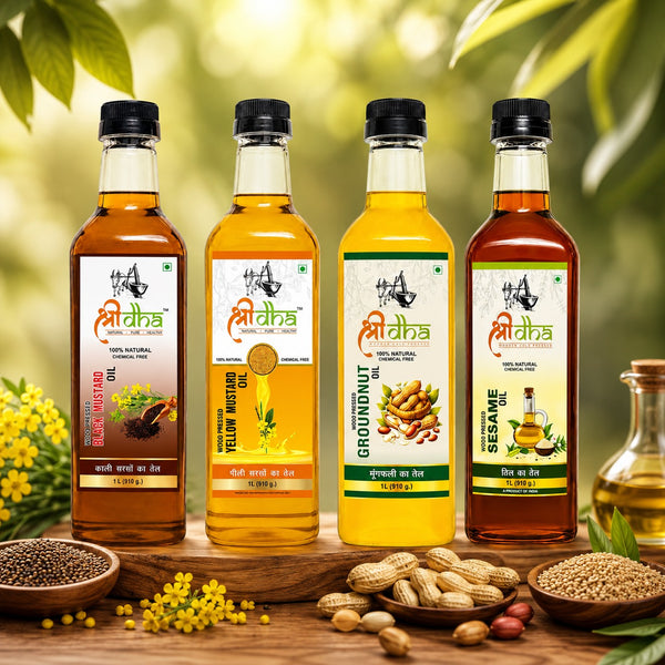 WOOD PRESSED OILS COMBO (AS LIKE VIRGIN OIL) ANCIENT KOHLU/KACHI GHANI METHOD PACK OF 4 (1 LTR EACH) BLACK MUSTARD, SEASME, YELLOW MUSTARD & GROUNDNUT
