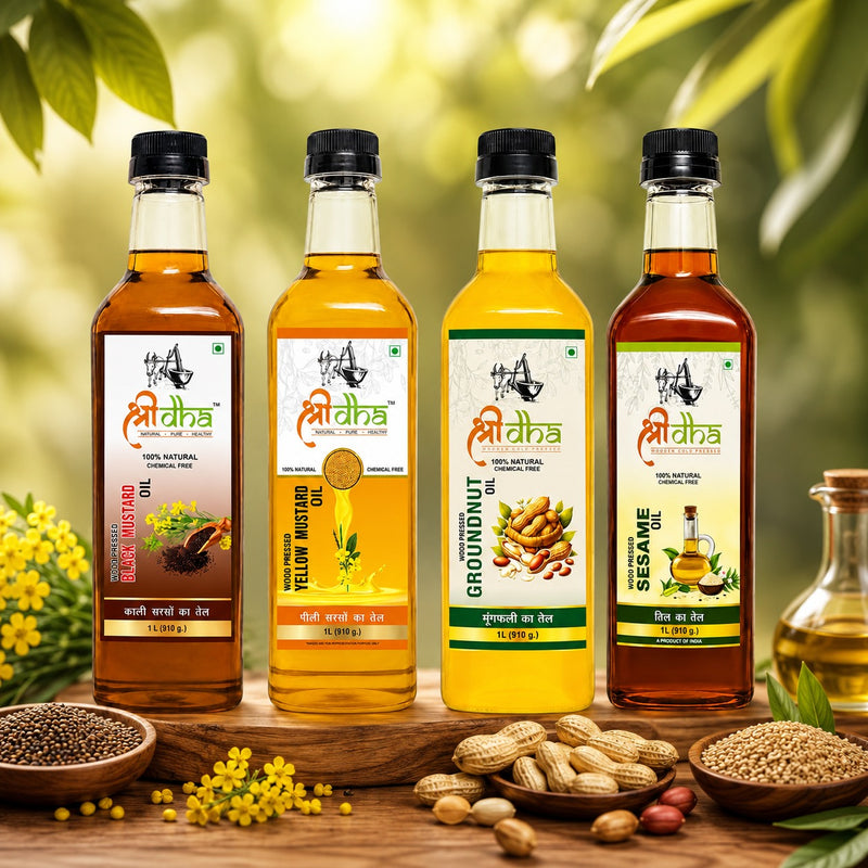 WOOD PRESSED OILS COMBO (AS LIKE VIRGIN OIL) ANCIENT KOHLU/KACHI GHANI METHOD PACK OF 4 (1 LTR EACH) BLACK MUSTARD, SEASME, YELLOW MUSTARD & GROUNDNUT