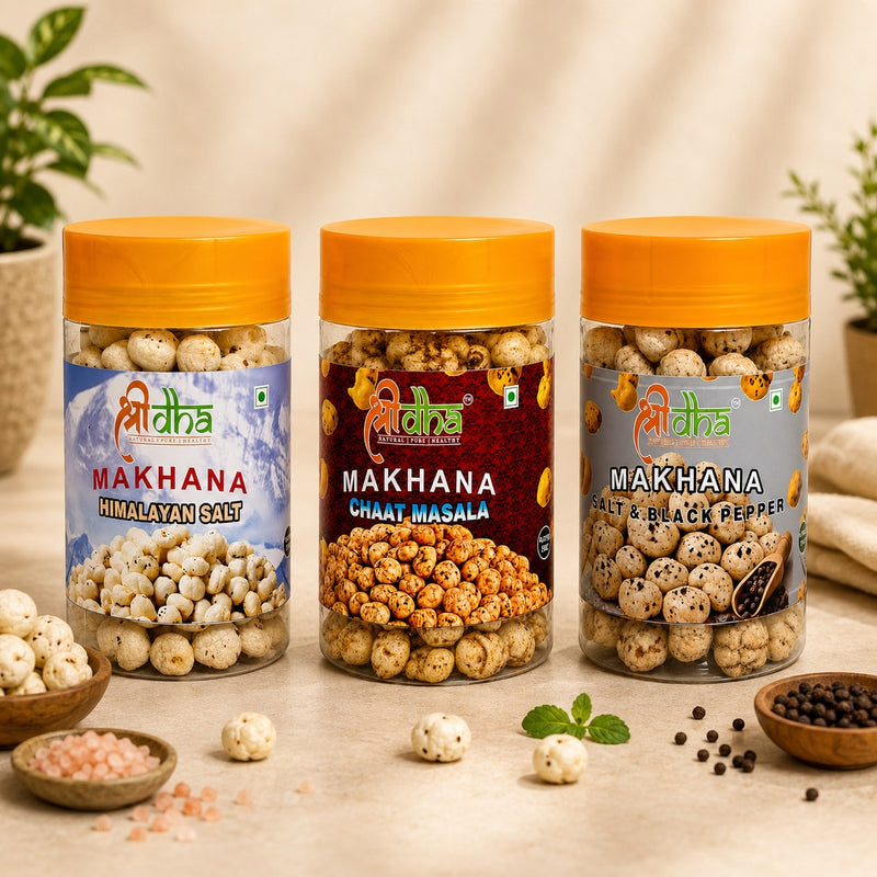 ROASTED & FLAVOURED MAKHANA COMBO PACK OF 3 (70 GM EACH)  Himalayan Salt, Chaat Masala, Salt & Black Pepper  Gluten Free | High Protein | Rich in Calcium | High Fibre | Cholesterol Free | No Palm Oil | Not Fried Only Roast | 100% Natural