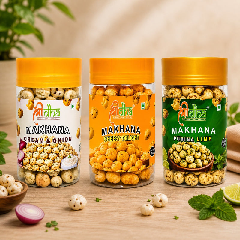 ROASTED & FLAVOURED MAKHANA COMBO PACK OF 3 (70 GM EACH) CREAM N ONION, CHEESY DELIGHT & PUDINA LIME GLUTEN FREE | HIGH PROTEIN | RICH IN CALCIUM | HIGH FIBRE | CHOLESTEROL FREE | NO PALM OIL | NOT FRIED ONLY ROAST | 100% NATURAL