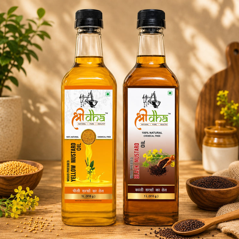 WOOD PRESSED OILS COMBO (AS LIKE VIRGIN OIL) ANCIENT KOHlu/KACHI GHANI METHOD PACK OF 2 (1 LTR EACH) YELLOW MUSTARD & BLACK MUSTARD