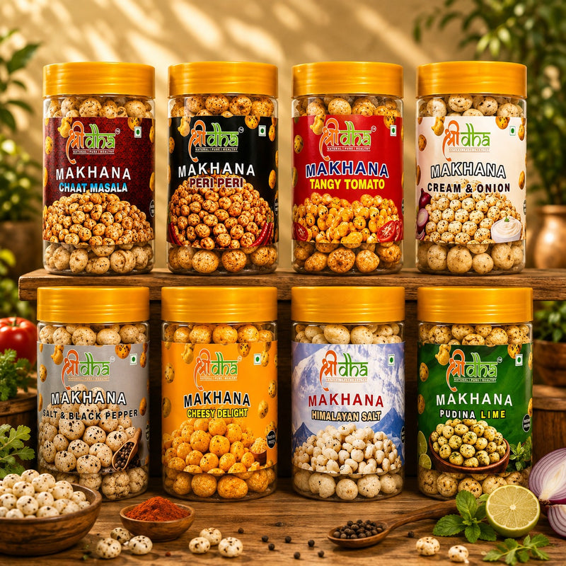 ROASTED & FLAVOURED MAKHANA COMBO PACK OF 8 (70 GM EACH) CREAM N ONION, CHEESY DELIGHT, TANGY TOMATO, PERI PERI, HIMALAYAN SALT, CHAAT MASALA, SALT N BLACK PEPPER & PUDINA LIME GLUTEN FREE | HIGH PROTEIN | RICH IN CALCIUM | HIGH FIBRE| 100% NATURAL