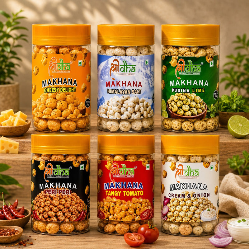 ROASTED & FLAVOURED MAKHANA COMBO PACK OF 6 (70 GM EACH) CREAM N ONION, CHEESY DELIGHT, TANGY TOMATO, PERI PERI, HIMALAYAN SALT & PUDINA LIME GLUTEN FREE | HIGH PROTEIN | RICH IN CALCIUM | HIGH FIBRE | 100% NATURAL