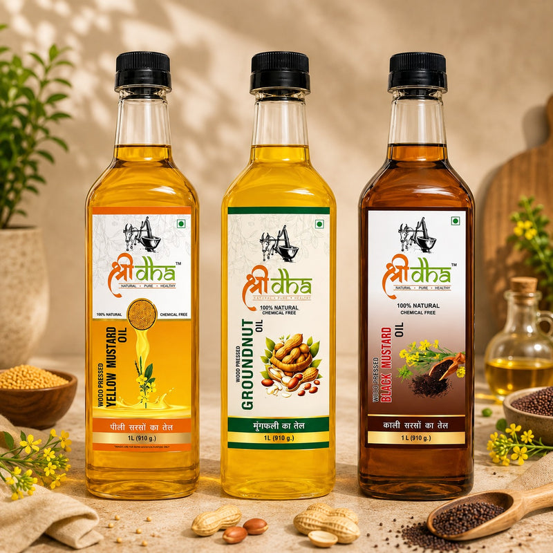 WOOD PRESSED OILS COMBO (AS LIKE VIRGIN OIL) ANCIENT KOHlu/KACHI GHANI METHOD PACK OF 3 (1 LTR EACH) GROUNDNUT, YELLOW MUSTARD & BLACK MUSTARD
