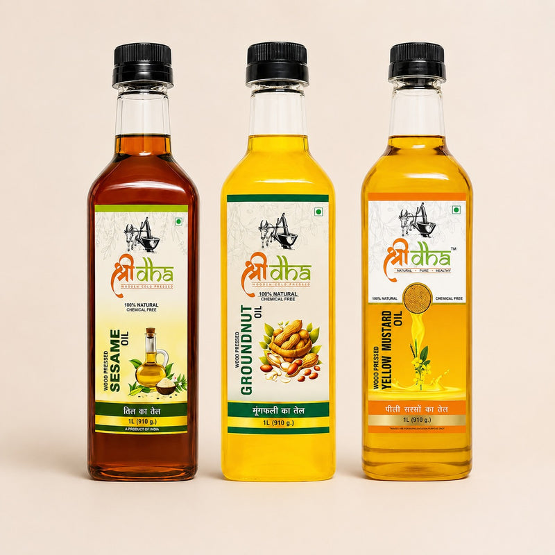 WOOD PRESSED OILS COMBO (AS LIKE VIRGIN OIL) ANCIENT KOHLU/KACHI GHANI METHOD PACK OF 3 (1 LTR EACH) SEASME, YELLOW MUSTARD & GROUNDNUT