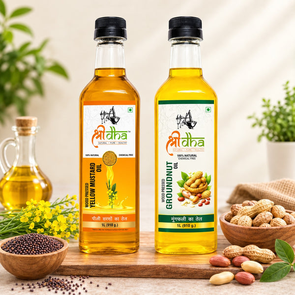 WOOD PRESSED OILS COMBO (AS LIKE VIRGIN OIL) ANCIENT KOHLU/KACHI GHANI METHOD PACK OF 2 (1 LTR EACH) YELLOW MUSTARD & GROUNDNUT