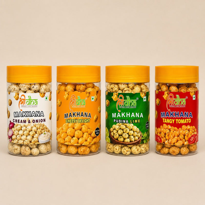 ROASTED & FLAVOURED MAKHANA COMBO PACK OF 4 (70 GM EACH) CREAM N ONION, CHEESY DELIGHT, TANGY TOMATO & PUDINA LIME GLUTEN FREE | HIGH PROTEIN | RICH IN CALCIUM | HIGH FIBRE | CHOLESTEROL FREE | NO PALM OIL | NOT FRIED ONLY ROAST | 100% NATURAL