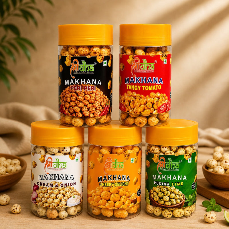 ROASTED & FLAVOURED MAKHANA COMBO PACK OF 5 (70 GM EACH) CREAM N ONION, CHEESY DELIGHT, TANGY TOMATO, PERI PERI & PUDINA LIME GLUTEN FREE | HIGH PROTEIN | RICH IN CALCIUM | HIGH FIBRE | CHOLESTEROL FREE | NO PALM OIL | NOT FRIED ONLY ROAST | 100% NATURAL