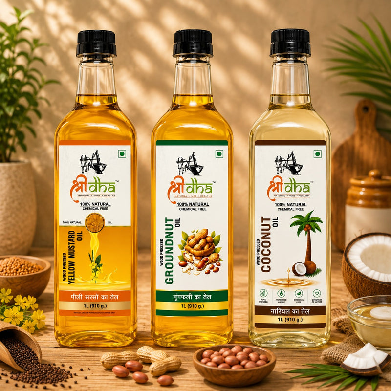 WOOD PRESSED OILS COMBO (AS LIKE VIRGIN OIL) ANCIENT KOHLU/KACHI GHANI METHOD PACK OF 3 (1 LTR EACH) GROUNDNUT, YELLOW MUSTARD & COCONUT