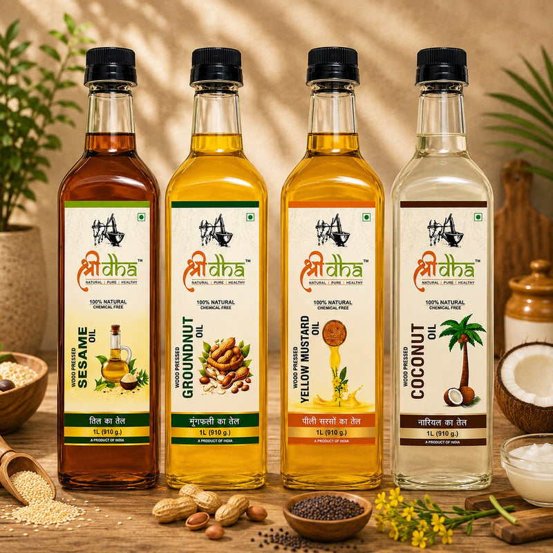 WOOD PRESSED OILS COMBO (AS LIKE VIRGIN OIL) ANCIENT KOHLU/KACHI GHANI METHOD PACK OF 4 (1 LTR EACH) SEASME, YELLOW MUSTARD, GROUNDNUT & COCONUT